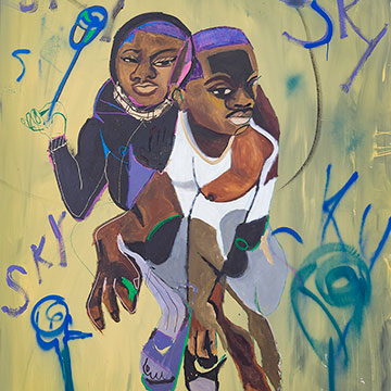 Jonathan Lyndon Chase, 2 trade bois, 2019, spray paint, glitter, acrylic and marker on canvas, 72 x 60 in.