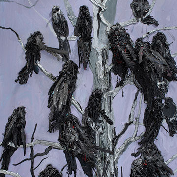 Kim Dorland, Crows, 2010, Oil, acrylic, synthetic feathers and glitter on wood panel 