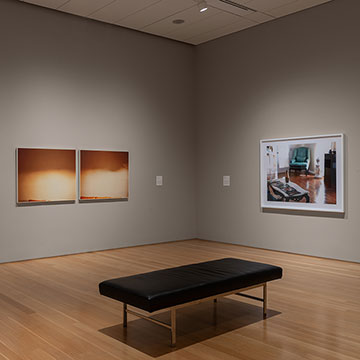 Works of art by Ute Barth and Sheila Pree Bright hang on a gallery wall for the PhotograpHER exhibition at the Nerman Museum