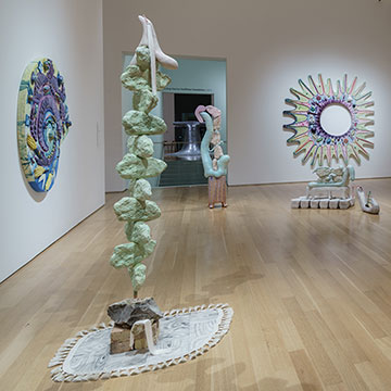 gallery in the Nerman displaying multiple sculptures by SunYoung Park and works by Sean Nash