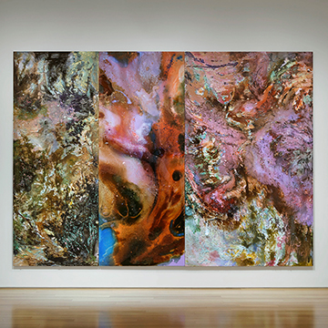 three large abstract paintings by Gabriel Mills hang on the gallery wall at the Nerman