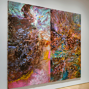 two large paintings by Gabriel Mills hang on the gallery wall at the Nerman